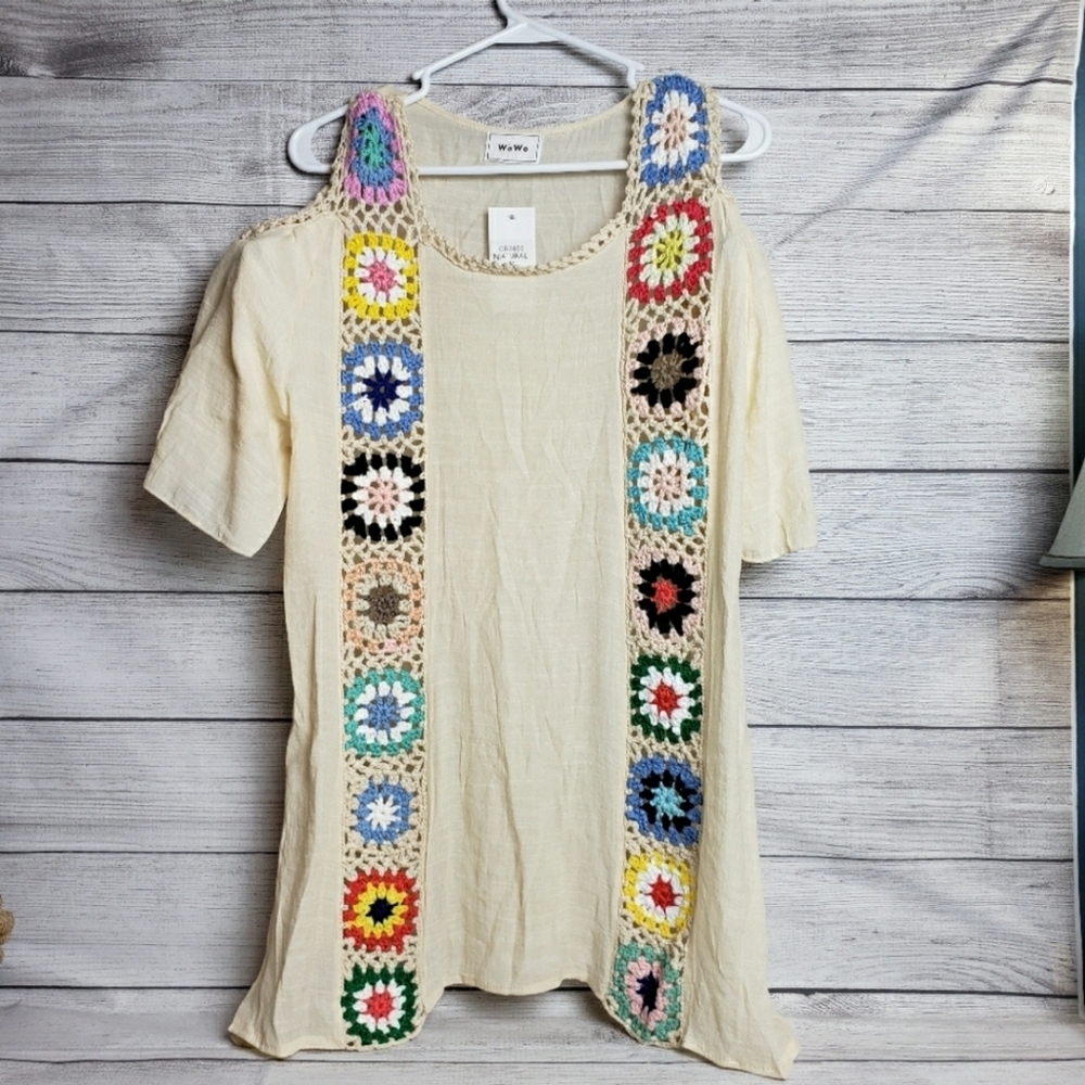 WoWo Natural Cold Shoulder‎ Crochet Swim Cover Up Women's S/M